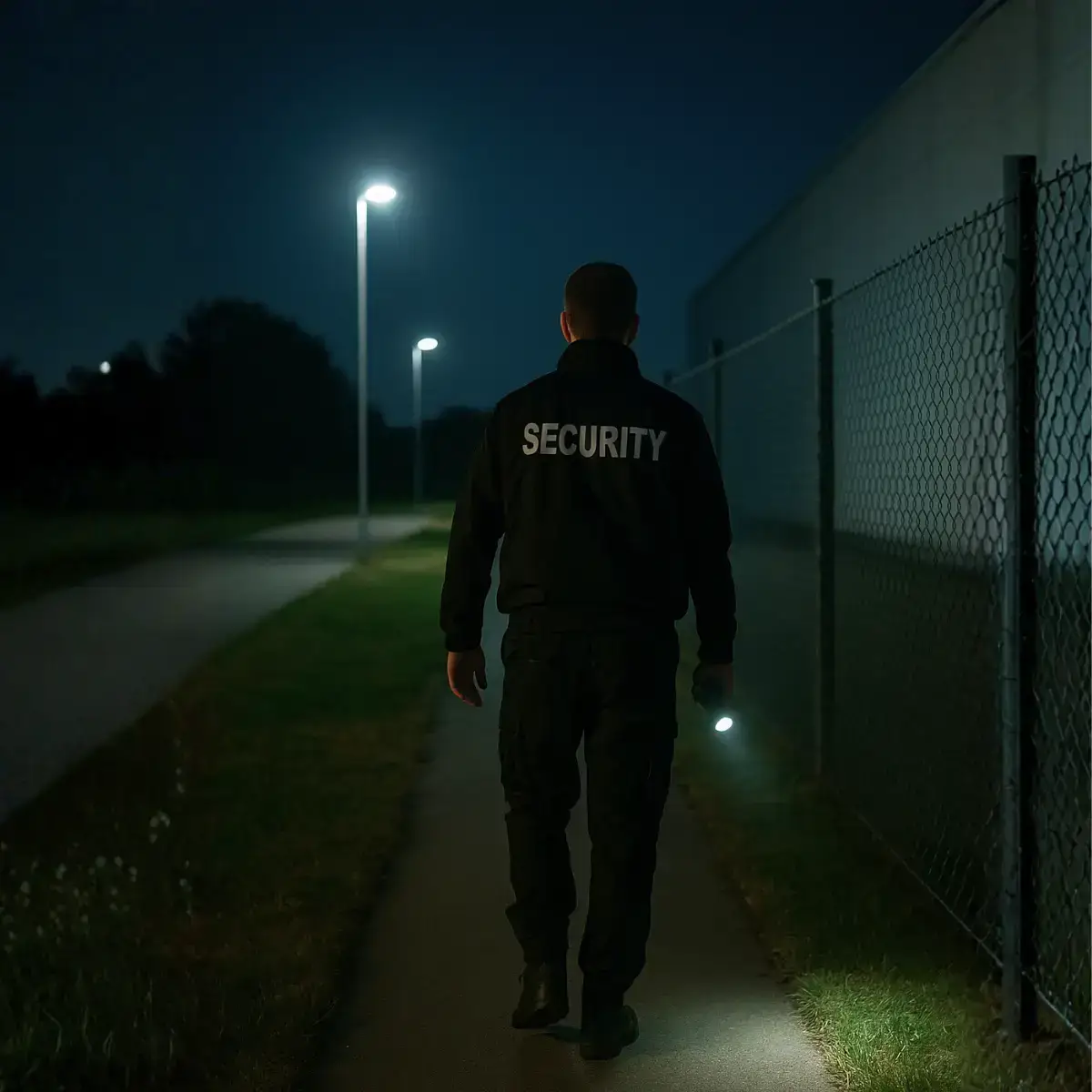 Agent de sécurité effectuant une ronde de nuit le long d’un bâtiment clôturé, lampe torche à la main.