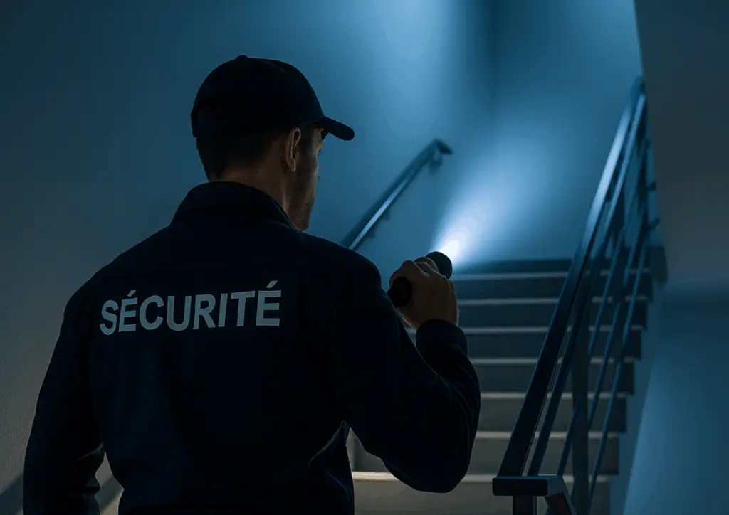 Agent de sécurité en uniforme effectuant une inspection dans des escaliers modernes, illustrant les services d’intervention et de gardiennage professionnel de SAS 26 Sécurité Montélimar.