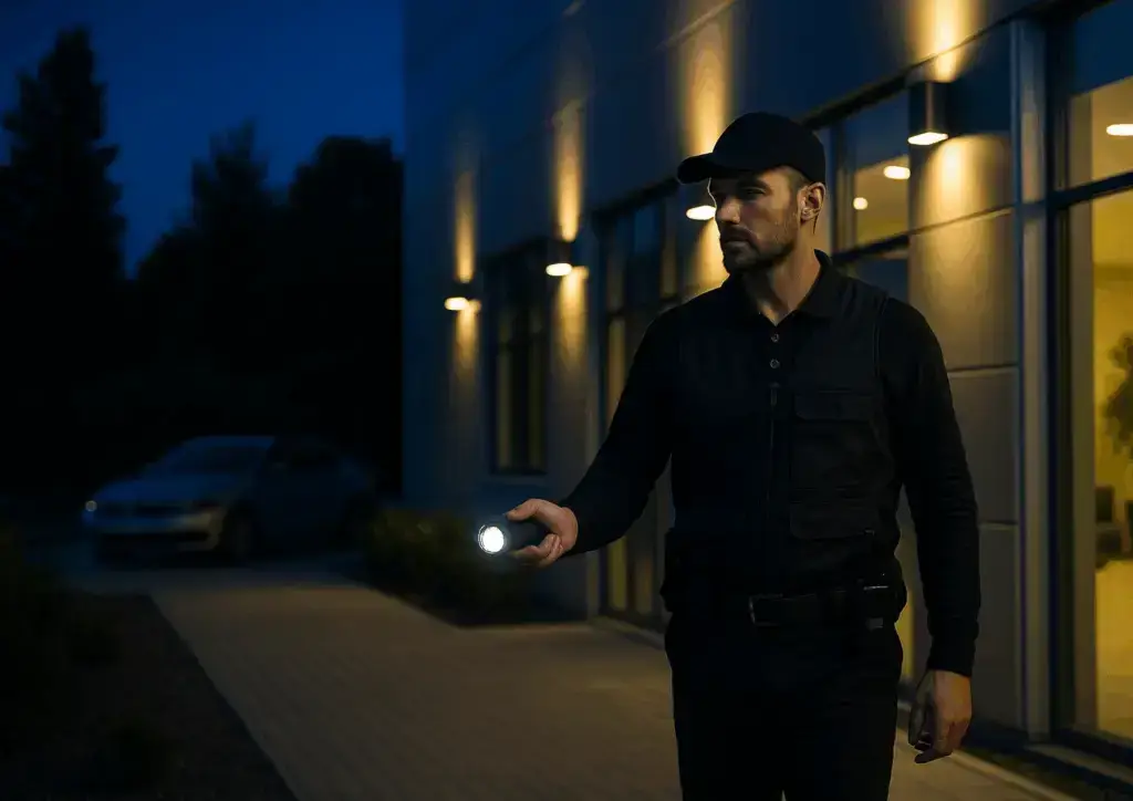 Agent de sécurité effectuant une ronde de nuit autour d’un bâtiment moderne bien éclairé, SAS 26 sécurité Montélimar.