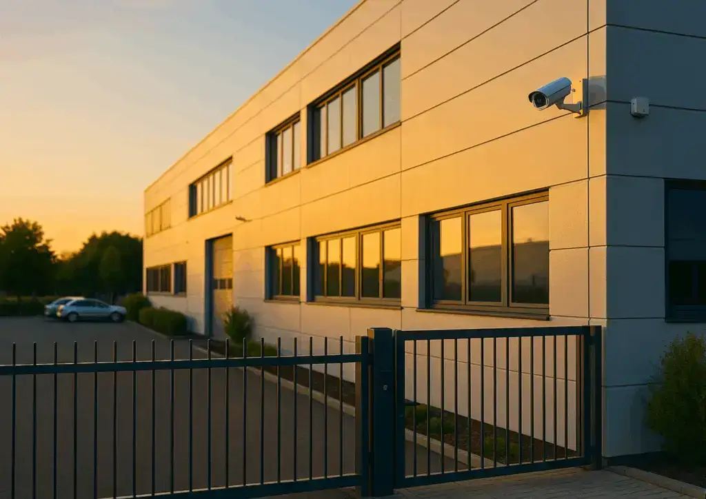 Bâtiment professionnel moderne équipé d’un système de vidéosurveillance SAS 26 sécurité Montélimar, au coucher du soleil.