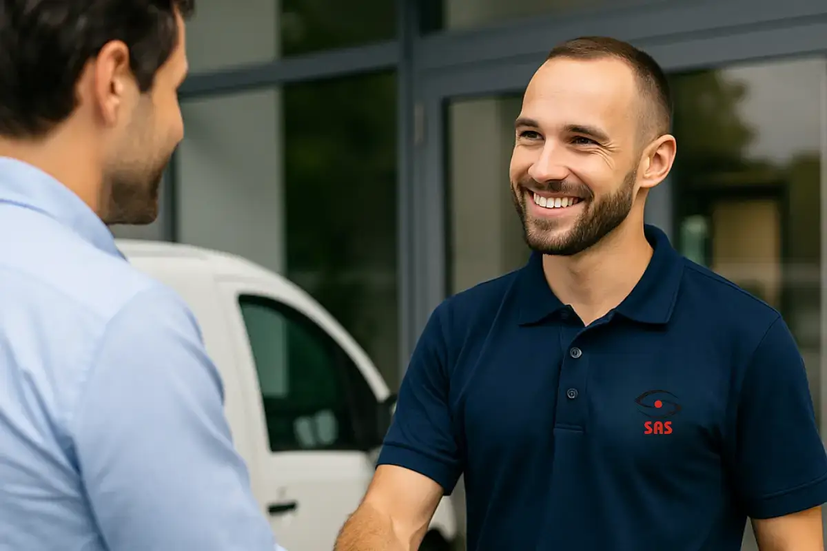 Technicien SAS 26 serrant la main d’un client satisfait devant un bâtiment professionnel.