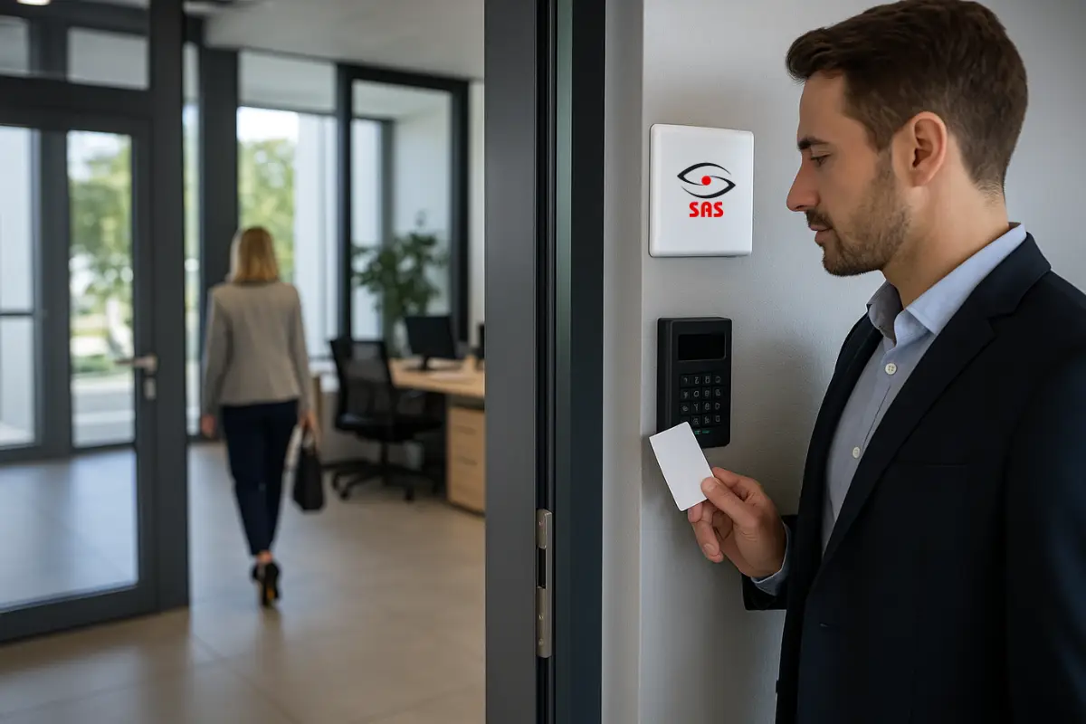 Technicien SAS 26 utilisant un système de contrôle d’accès par badge dans une entreprise moderne.