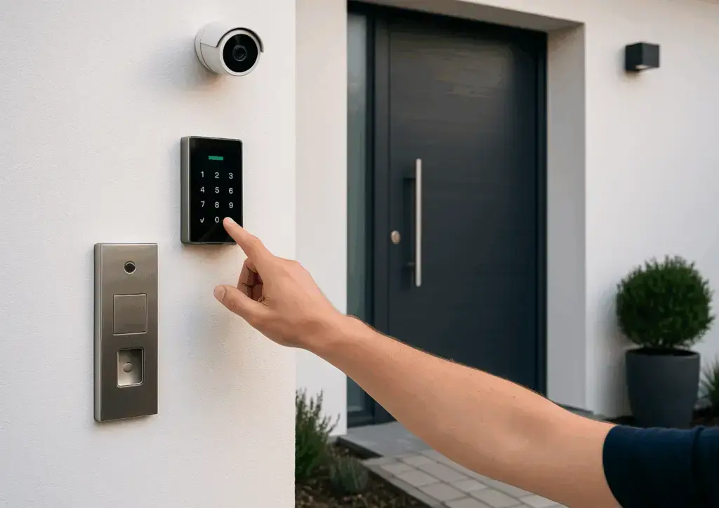 Entrée de maison contemporaine équipée d’un interphone vidéo, d’une caméra de surveillance et d’un clavier de sécurité, illustrant les systèmes complets de protection SAS 26 sécurité Montélimar.