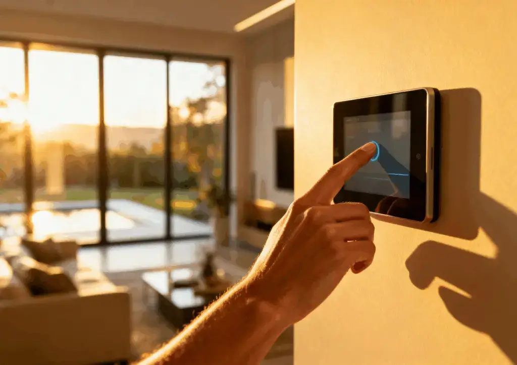 Main activant un écran tactile de contrôle domotique dans une maison moderne, symbolisant la télésurveillance et la gestion à distance de la sécurité avec SAS 26 sécurité Montélimar.