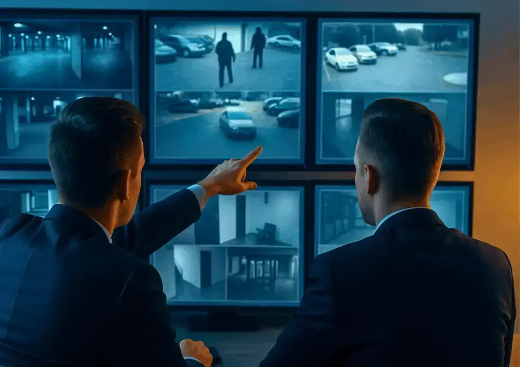 Deux opérateurs de télésurveillance analysant en temps réel les écrans de vidéosurveillance d’un site professionnel.