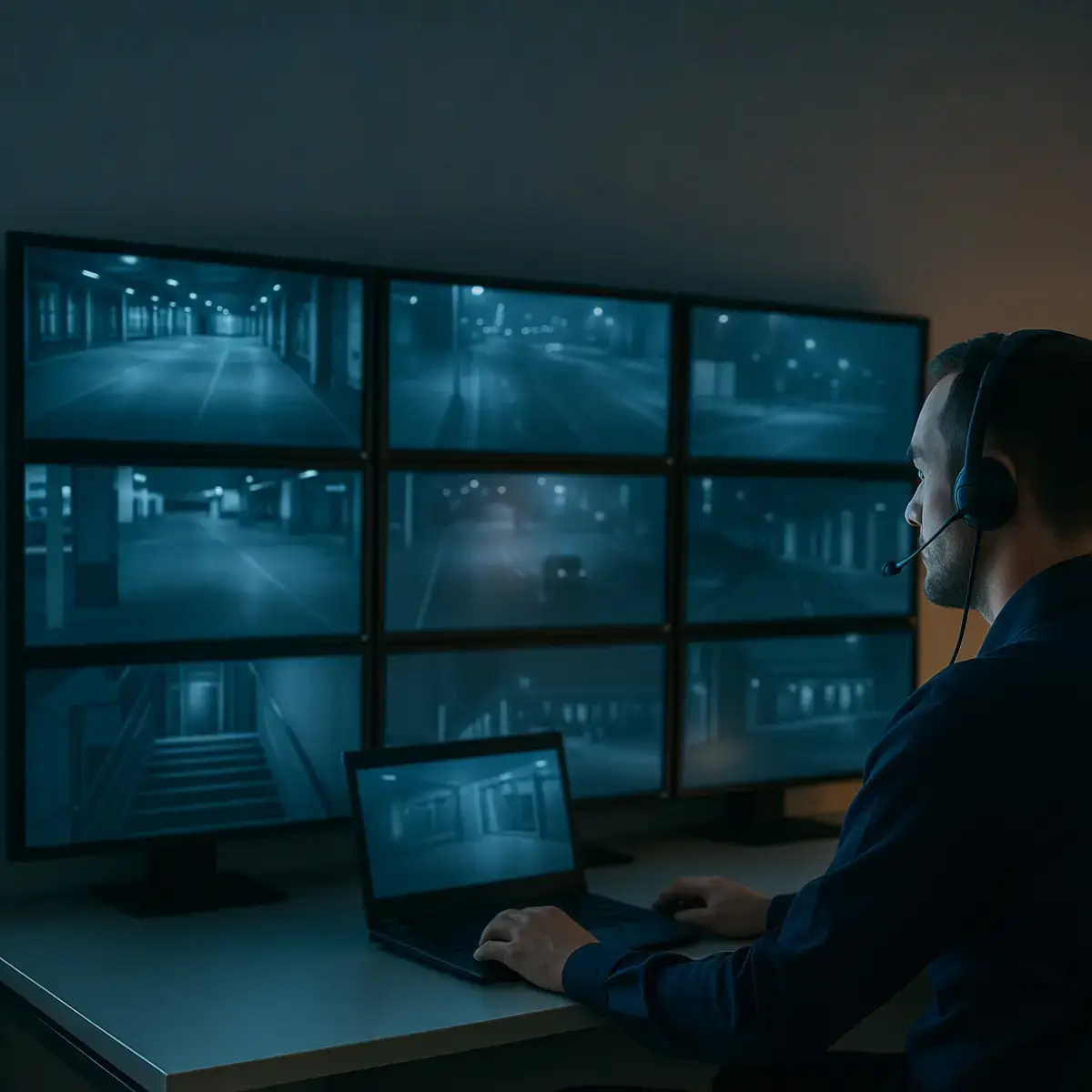 Opérateur de télésurveillance observant plusieurs écrans de contrôle dans une salle de sécurité, en communication via casque micro.